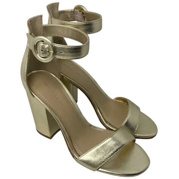 NEW Marc Fisher Magali Heel Size 5.5 M Leather Open Toe Shoe Ankle Strap Gold - Picture 6 of 12